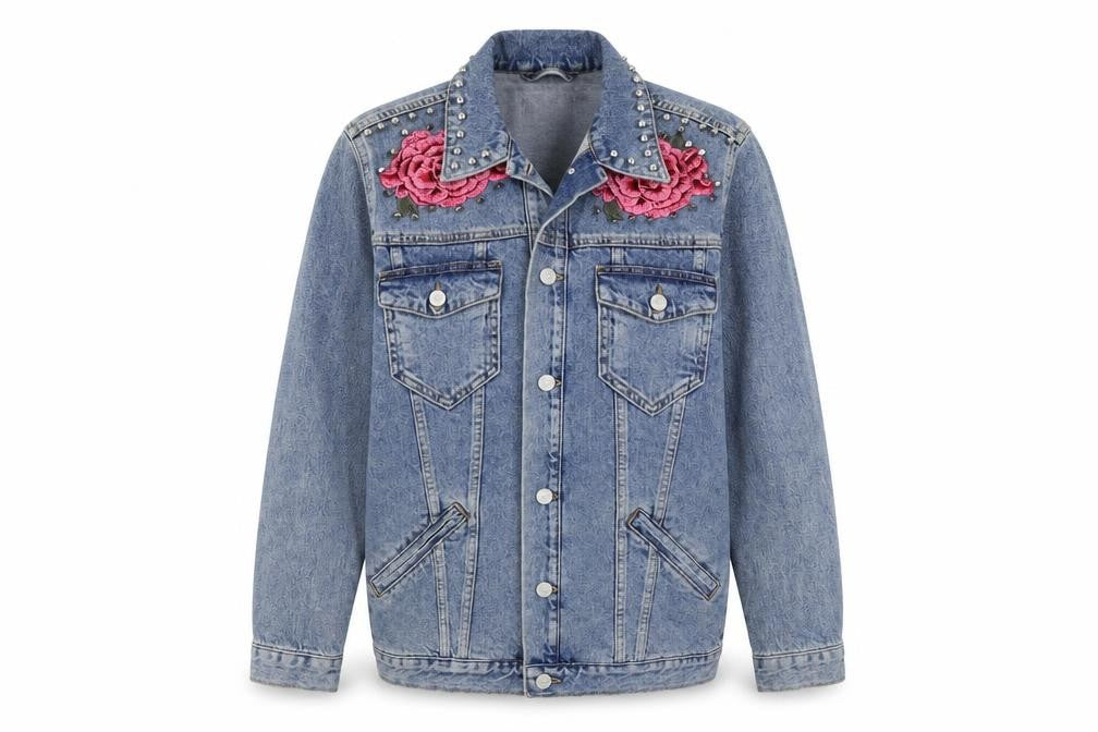 Primark Womens Blue  Denim Jacket  Size 6  - Rose Applique