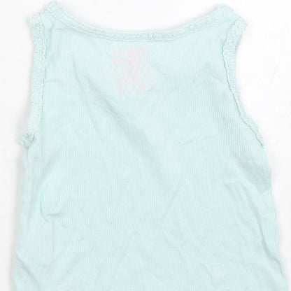 Brand and care label for F&F girls’ blue capri pyjama top, size 18-24, months
