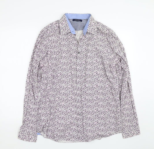 BHS Mens White Floral   Button-Up Size L