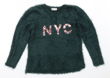 Preloved H&M Girls Green   Pullover Jumper Size 9-10 Years - Front