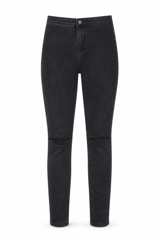 Front view of Denim & Co. women’s black denim skinny jeans, size UK 12, 28-inch leg