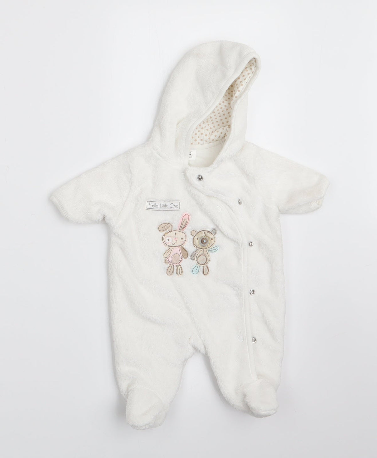 Additional front view of F&F girls’ white animal print coverall one-piece, size 0-3, months - rabbit and teddy bear