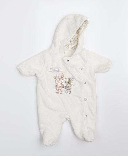 Additional front view of F&F girls’ white animal print coverall one-piece, size 0-3, months - rabbit and teddy bear