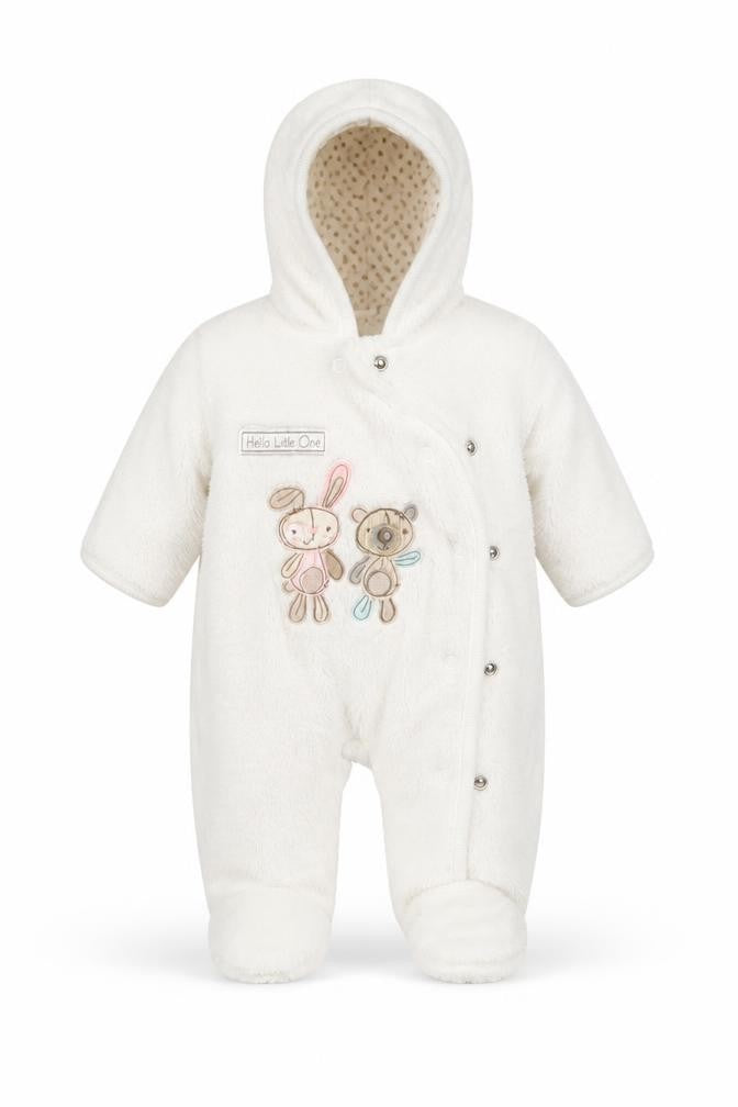 Front view of F&F girls’ white animal print coverall one-piece, size 0-3, months - rabbit and teddy bear