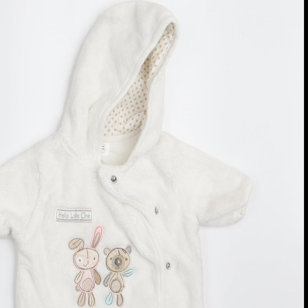Close-up detail of F&F girls’ white animal print coverall one-piece, size 0-3, months - rabbit and teddy bear