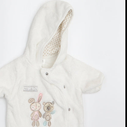 Close-up detail of F&F girls’ white animal print coverall one-piece, size 0-3, months - rabbit and teddy bear
