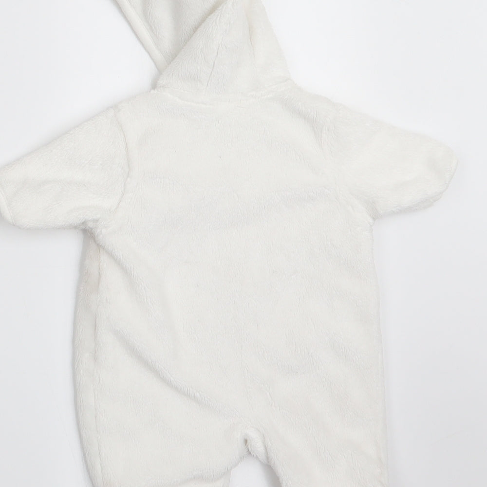 Brand and care label for F&F girls’ white animal print coverall one-piece, size 0-3, months - rabbit and teddy bear