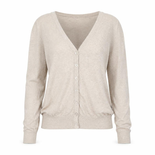Front view of Atmosphere women’s beige cardigan jumper, size UK 4