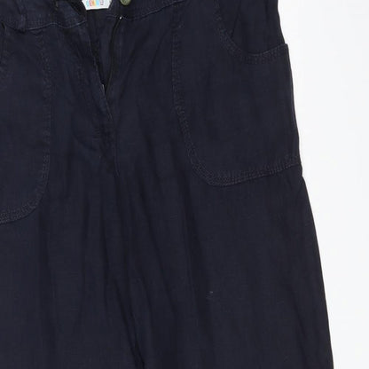 Close-up detail of DenimCo women’s blue trousers, size UK 10, 27-inch leg