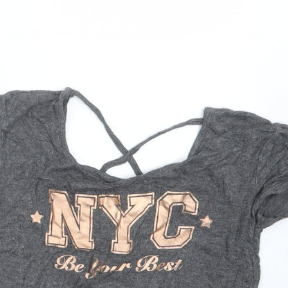 Close-up detail of Young Dimension girls’ grey basic t-shirt, size 8-9, years