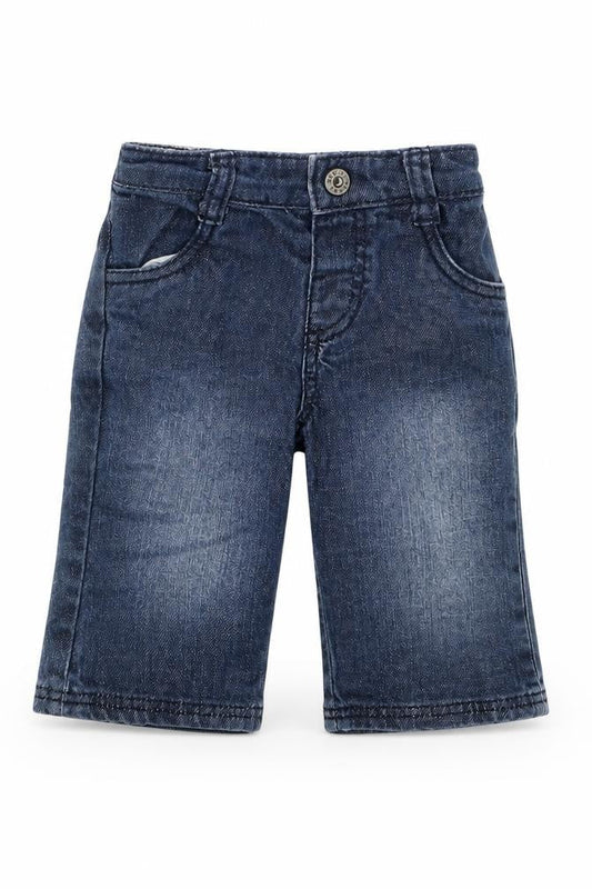 Front view of Mothercare boys’ blue denim cargo jeans, size 0-3, months