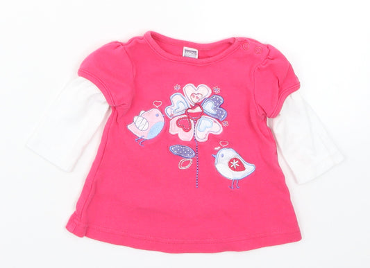 M&Co Girls Pink   Basic T-Shirt Size 6-9 Months  - Birds Flowers
