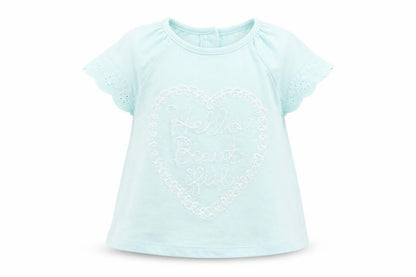 Front view of F&F girls’ blue basic t-shirt, size 3-6, months