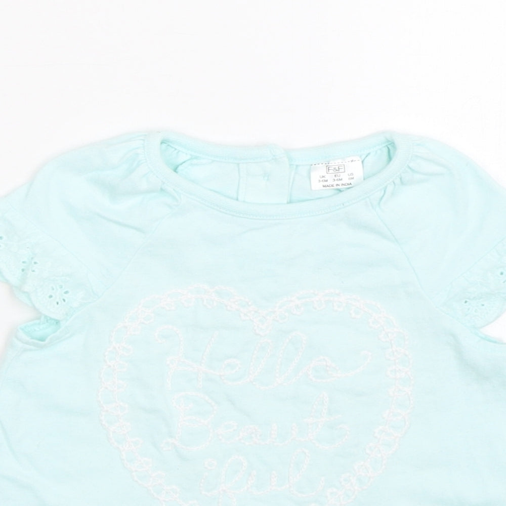 Close-up detail of F&F girls’ blue basic t-shirt, size 3-6, months