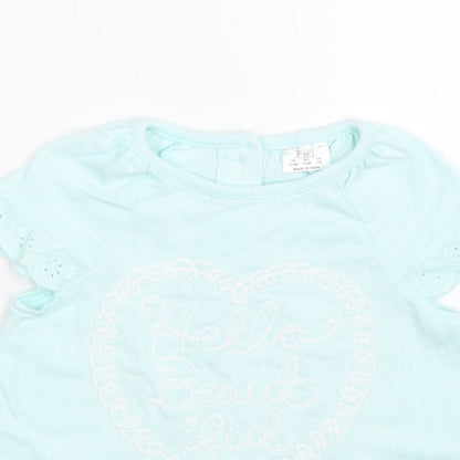 Close-up detail of F&F girls’ blue basic t-shirt, size 3-6, months