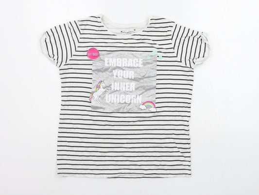 Primark Girls White Striped  Basic T-Shirt Size 12-13 Years  - shiny details