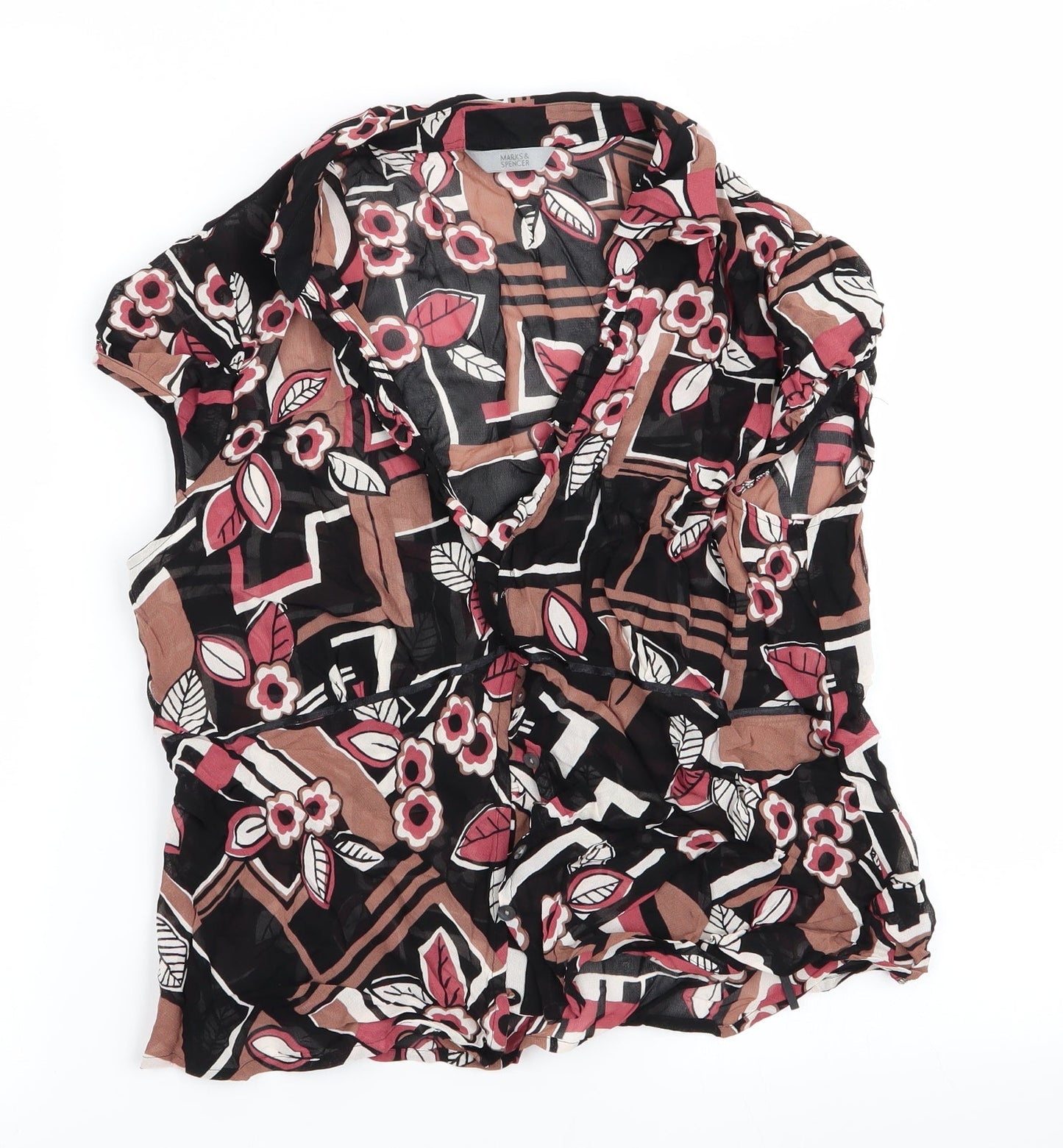 Marks and Spencer Womens Brown Floral  Basic Blouse Size 10  - Ruffled neck