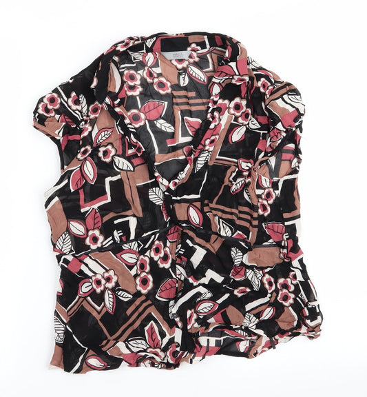 Marks and Spencer Womens Brown Floral  Basic Blouse Size 10  - Ruffled neck