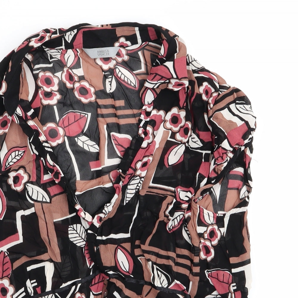 Marks and Spencer Womens Brown Floral  Basic Blouse Size 10  - Ruffled neck