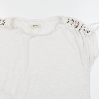 Close-up detail of Papaya women’s white basic t-shirt, size UK 10