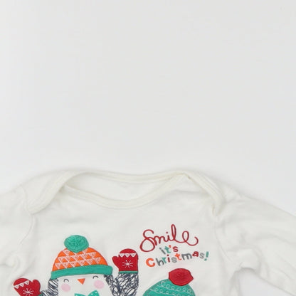 Close-up detail of Nutmeg girls’ white jumper, size 3-6, months - christmas jumper