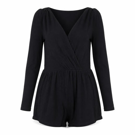 Front view of ASOS women’s black playsuit one-piece, size UK 6, 4-inch leg