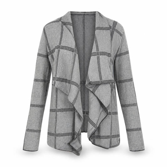 Front view of Papaya women’s grey check cardigan jumper, size M