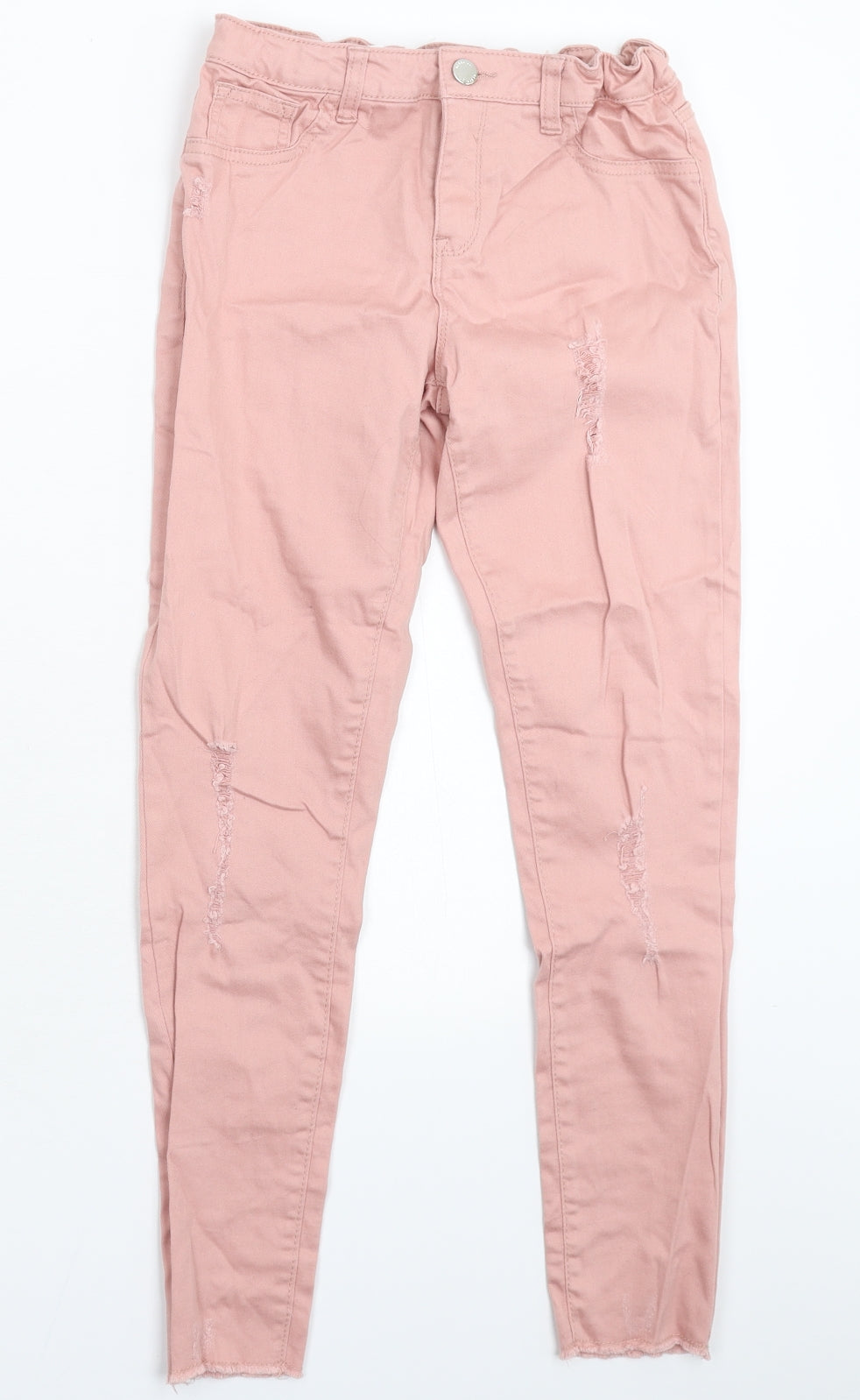 Additional front view of Denim & Co. girls’ pink denim skinny jeans, size 11-12, years - distressed