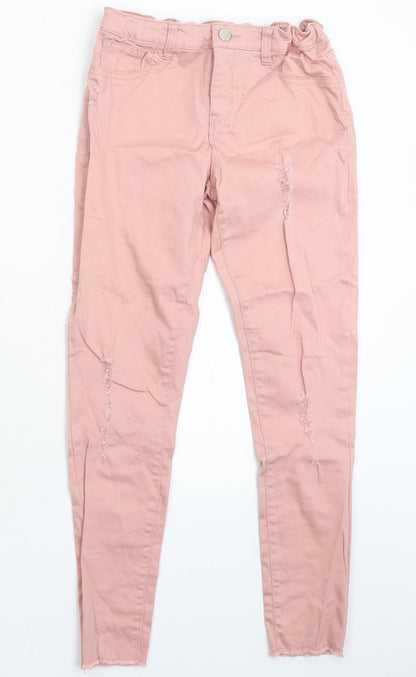 Additional front view of Denim & Co. girls’ pink denim skinny jeans, size 11-12, years - distressed