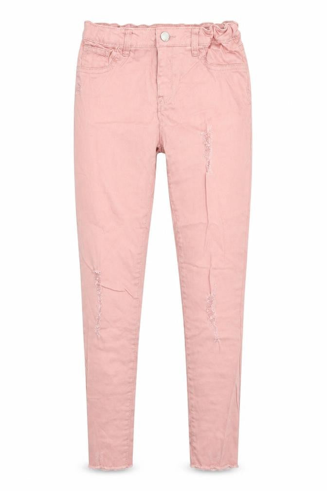 Front view of Denim & Co. girls’ pink denim skinny jeans, size 11-12, years - distressed