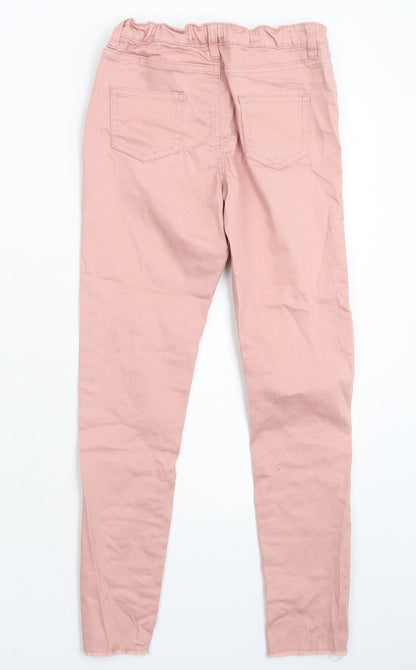 Back view of Denim & Co. girls’ pink denim skinny jeans, size 11-12, years - distressed