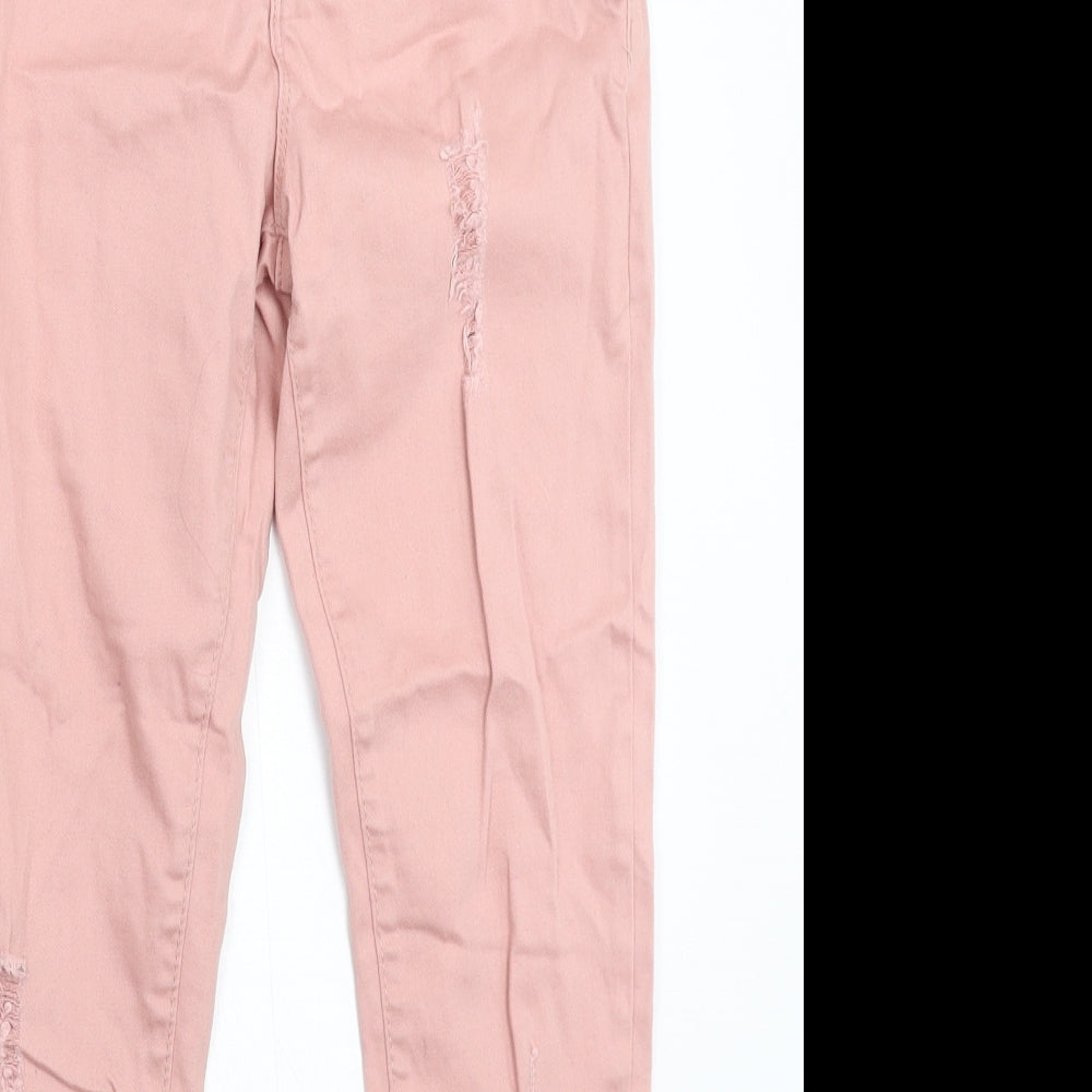 Close-up detail of Denim & Co. girls’ pink denim skinny jeans, size 11-12, years - distressed