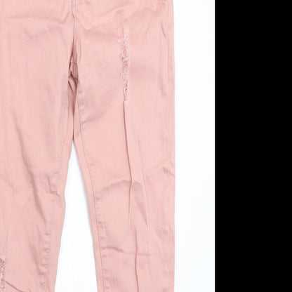 Close-up detail of Denim & Co. girls’ pink denim skinny jeans, size 11-12, years - distressed