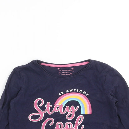 Close-up detail of Primark girls’ blue basic t-shirt, size 5-6, years - stay cool