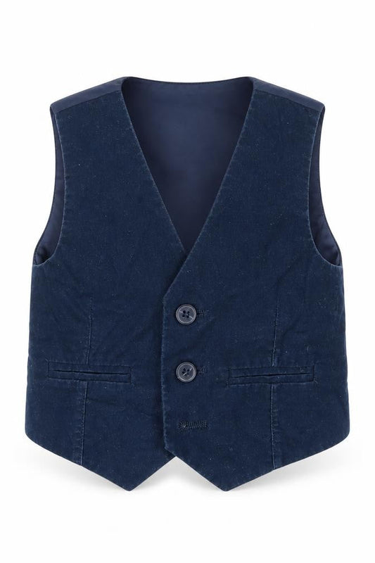 Front view of Marylebone boys’ blue jacket waistcoat, size 18, months