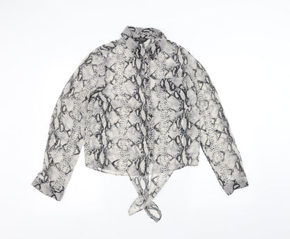 Additional front view of Miss Selfridge women’s white animal print basic button-up, size UK 8