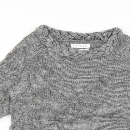 Close-up detail of native Youth women’s grey jumper, size M
