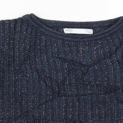Marks & Spencer Girls Blue Striped Knit Pullover Jumper Size 9-10 Years