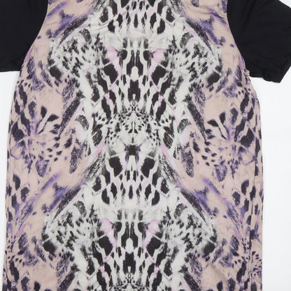 Brand and care label for Miss Selfridge women’s purple animal print basic blouse, size UK 8