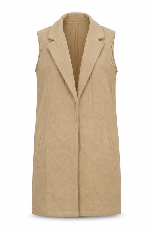 Front view of Missguided women’s beige overcoat waistcoat, size UK 8