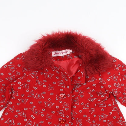 Close-up detail of butterfly wings girls’ red jacket, size 4, years