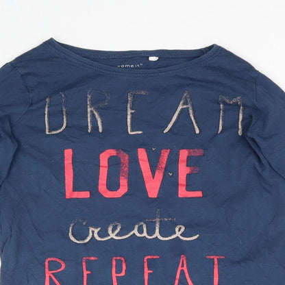 Close-up detail of NAME IT girls’ blue basic t-shirt, size 9-10, years