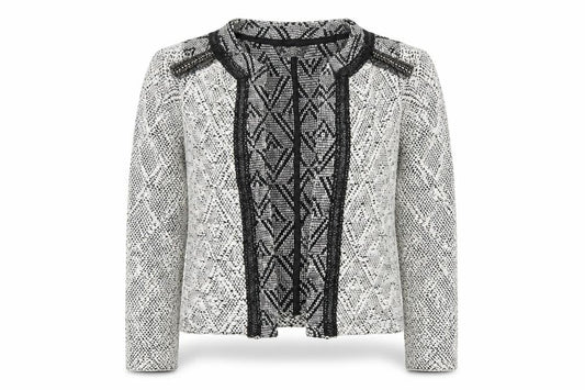 Front view of Miss Selfridge women’s ivory geometric jacket, size UK 12