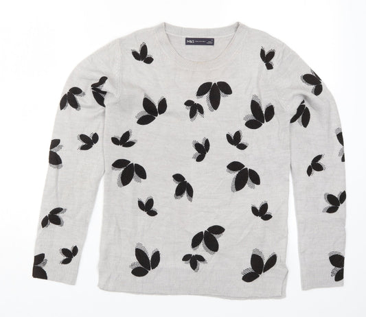 Marks and Spencer Womens Grey Geometric Knit Pullover Jumper Size 6  - Leaf Print