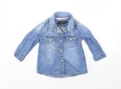 Additional front view of Denim & Co. girls’ blue basic coat jacket, size 3-6, months