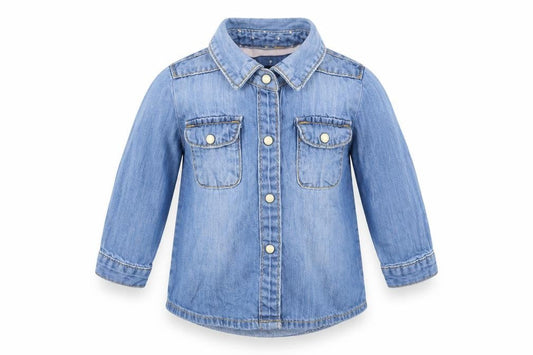 Front view of Denim & Co. girls’ blue basic coat jacket, size 3-6, months