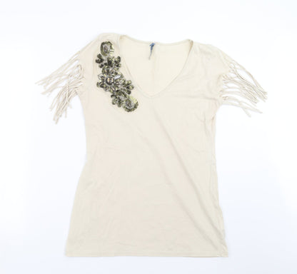 Front view of Evie women’s beige basic t-shirt, size UK 16, - beaded detail