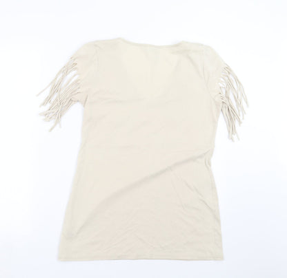 Back view of Evie women’s beige basic t-shirt, size UK 16, - beaded detail