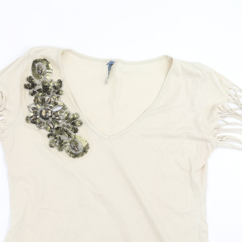 Evie  Womens Beige   Basic T-Shirt Size 16  - beaded detail