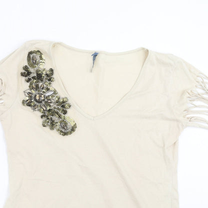 Close-up detail of Evie women’s beige basic t-shirt, size UK 16, - beaded detail